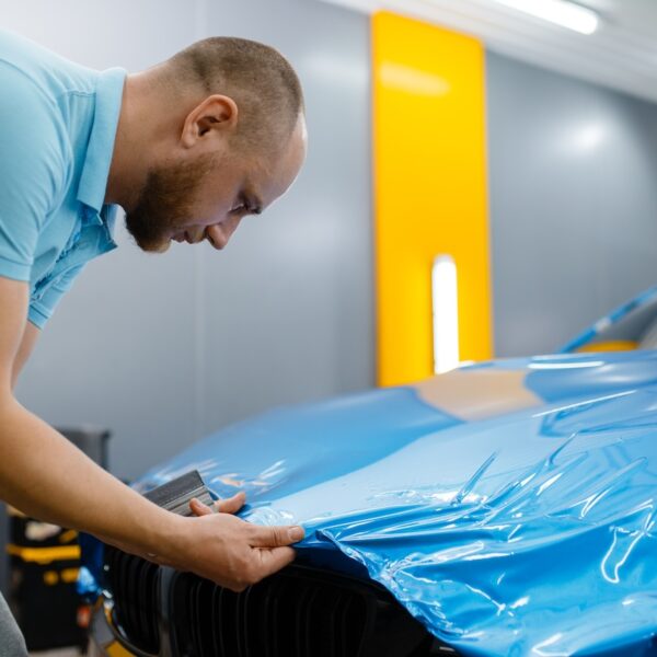 Male car wrapper puts protective vinyl foil or film on hood. Worker makes auto detailing. Automobile paint protection coating, tuning