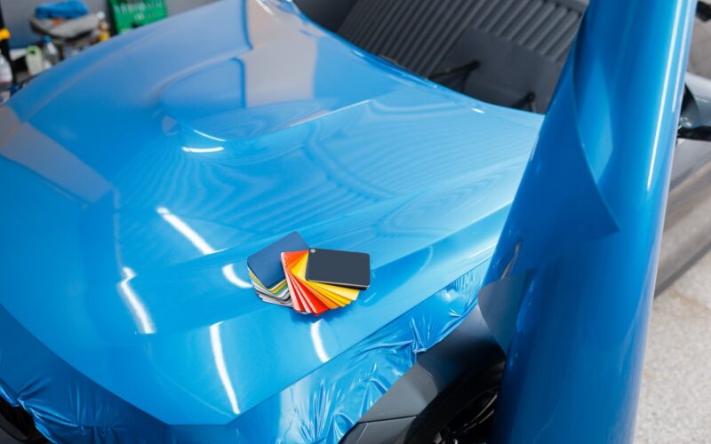 Car wrapping, protective vinyl foil or film color palette on the vehicle, nobody. Auto detailing. Automobile paint protection, professional tuning